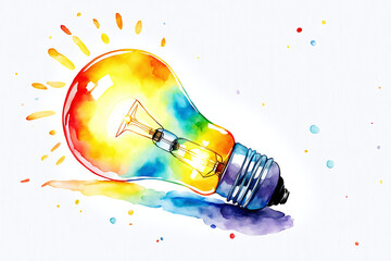 Watercolor illustration of colorful glowing a light bulb on a white background .Education Thinking Icon innovation Idea Creative mind concept