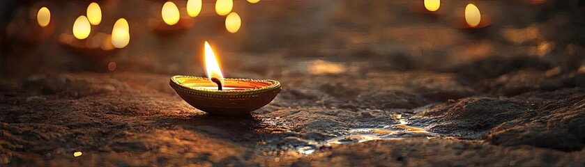 A beautifully lit oil lamp glows softly, creating a serene ambiance on a textured surface, perfect for festive or spiritual themes.