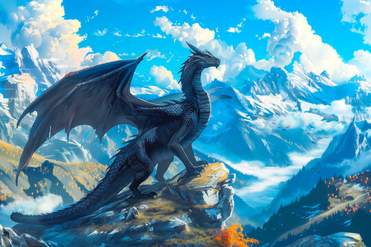 Fierceblack dragon on mountain ridge. Ferocious mystical dragon.