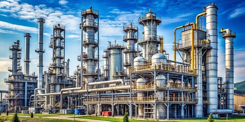 A sprawling industrial complex with towering steel structures and intricate pipework, a testament to human ingenuity and technological prowess