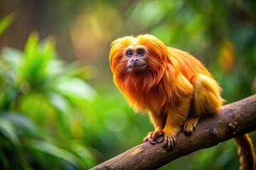 Obraz premium High angle view of a Golden lion tamarin perched on a tree branch in the forest wildlife