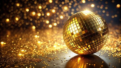 Obraz premium High angle view of a golden disco ball against a dark sparkling background