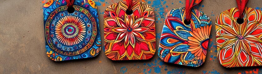 Colorful decorative tags featuring intricate patterns and vibrant hues, ideal for arts, crafts, and creative projects.