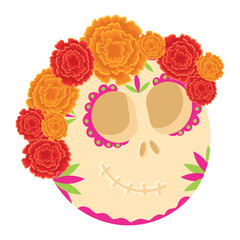 Sugar skull with marigold crown for Day of the Dead, Vector