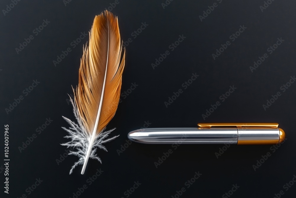 Poster a minimalist design showing a single feather quill pen next to a sleek, modern stylus on a clean sur