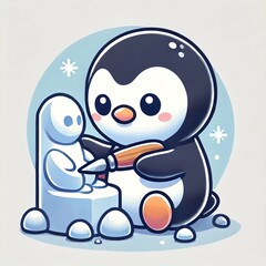 Obraz premium 雪像をつくるペンギンのイラスト