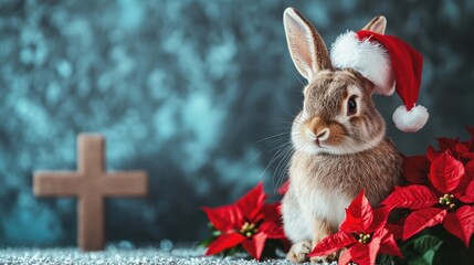 A bunny rabbit sitting next to a Christmas cross decorated with poinsettias, wearing a tiny Santa hat.