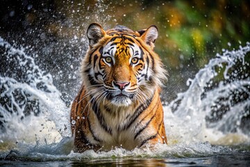 High angle view of a tiger emerging from water with splashing drops