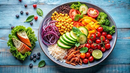 A vibrant and colorful bowl filled with fresh vegetables, grains, and herbs, arranged in a visually appealing pattern, offering a healthy and delicious meal option.