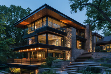 Obraz premium Contemporary two-story home with a floating staircase, cantilevered balcony, and dark stone cladding, enhanced by ambient lighting that highlights the architectural details.