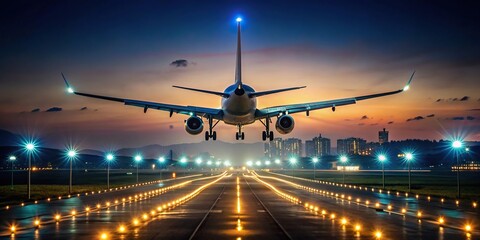 High angle view of airplane landing at night