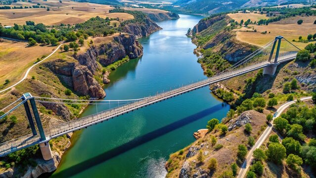High angle view of Alejico suspension bridge over the Esla river shot from a drone