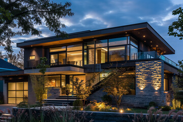 Obraz premium Contemporary two-story home with a floating staircase, cantilevered balcony, and dark stone cladding, enhanced by ambient lighting that highlights the architectural details.