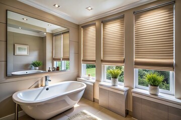 Fototapeta premium High angle view of beige blackout roller blind on window in modern bedroom