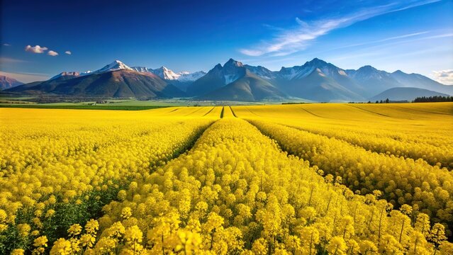 High angle view of blooming rapeseed fields with mountains and blue sky in background