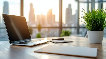 Fototapeta premium Modern workspace with laptop, smartphone, and green plant in bright office setting.