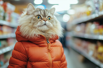 Sweet cool cat in a raincoat doing groceries, shopping at a supermarket. Cool realistic ad. Domestic animal services promotion. Sweet cool cat in a raincoat doing groceries, shopping at a supermarket.