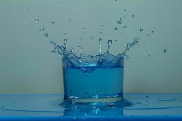 Water splashes in a glass of water on a blue background.