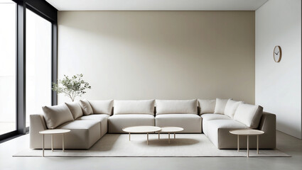 A calm minimalist living room with a neutral palette of soft beige and white.