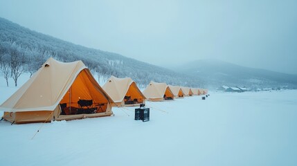Scenic tents in a snowy landscape, offering a cozy winter getaway.
