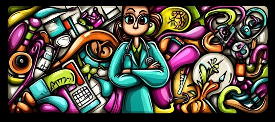 Obraz premium A colorful illustration featuring a confident healthcare professional amidst vibrant medical elements.