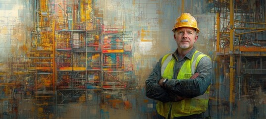 A construction worker stands confidently in front of a vibrant industrial site.