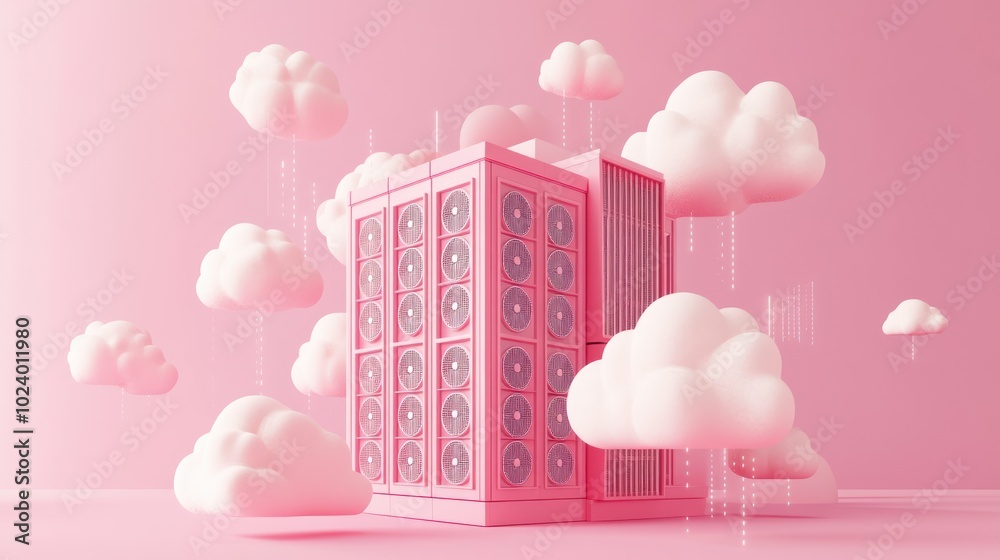 Canvas Prints A whimsical pink structure surrounded by fluffy clouds, evoking a dreamy aesthetic.