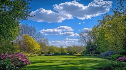 Serene spring nature with a well-manicured lawn framed by trees under a blue sky, fluffy clouds, and sunshine, capturing the essence of a perfect day outdoors.