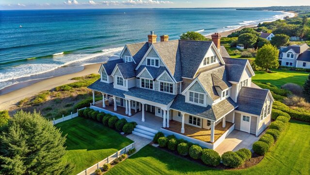 High angle view of Cape Cod style house overlooking ocean