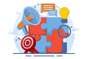 Business solutions and support concept, problem solving and decision making, innovative ideas. Connecting puzzle elements, team metaphor, business approach, brainstorming. Vector illustration.