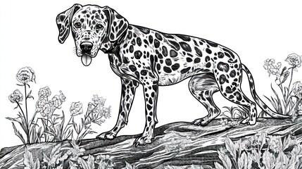 Fototapeta premium A detailed illustration of a Dalmatian dog among flowers and foliage.