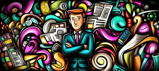 Obraz premium A colorful illustration featuring a businessman surrounded by vibrant abstract elements.