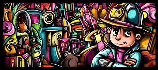 A vibrant, cartoonish scene featuring a boy, a dog, and colorful abstract backgrounds.