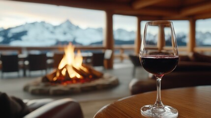 Glass of red wine beside a cozy fireplace with mountain views in the background.