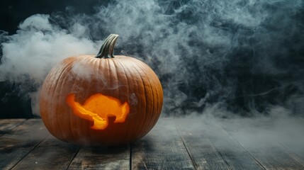 close-up of holloween pumpkin on wooden table, smoke float up on black background