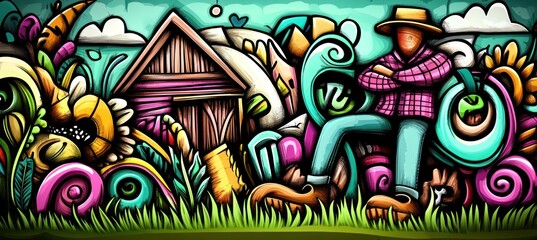 A colorful, whimsical scene featuring a figure beside a barn, surrounded by vibrant flora.