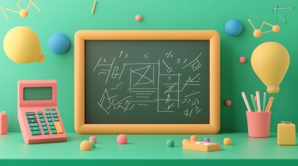 A colorful classroom scene featuring a chalkboard with equations, a calculator, and stationery.