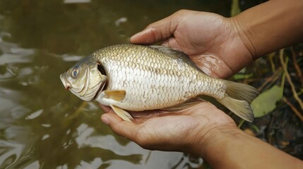 A person holds a fresh water fish, showcasing the beauty of nature and fishing outdoors with a tranquil background.