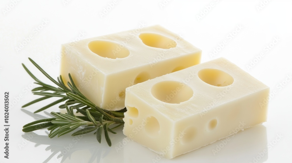 Poster Two pieces of cheese with holes, garnished with a sprig of rosemary on a white background.