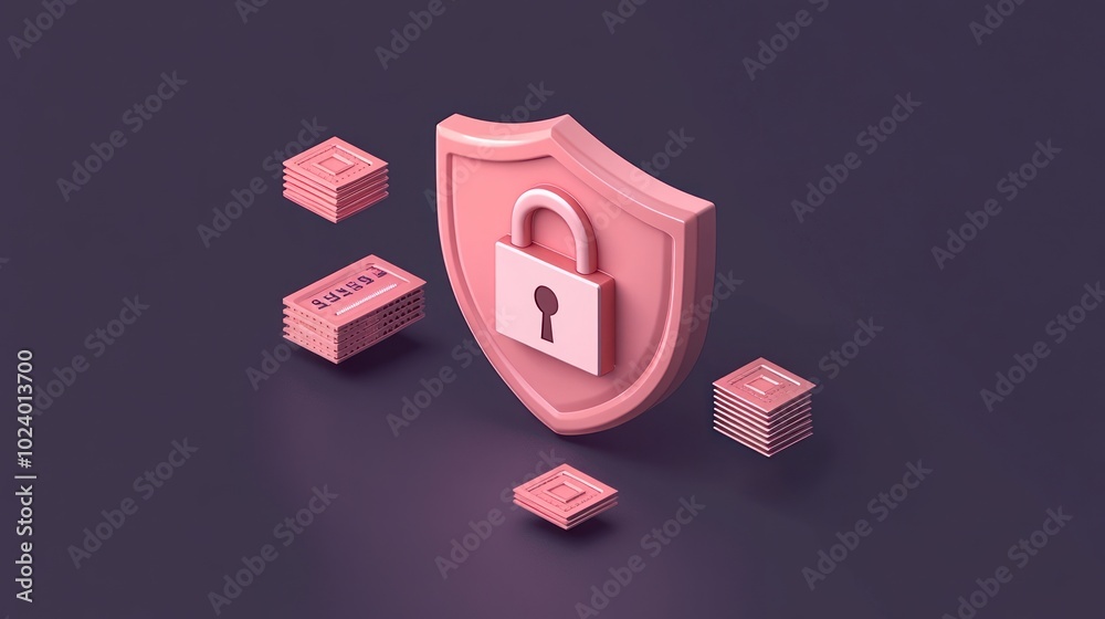 Sticker A 3D shield with a lock symbol, surrounded by stacks of money, representing security and finance.