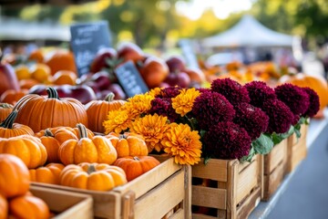 Fototapeta premium Autumn market filled with seasonal produce, pumpkins, and flowers, all in shades of orange, amber, and burgundy