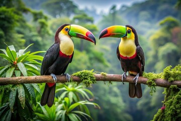 Obraz premium High angle view of colorful toucans in Costa Rican rainforest wildlife encounter