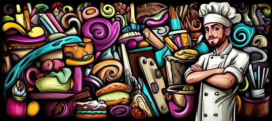 A colorful chef surrounded by various food items and culinary tools.
