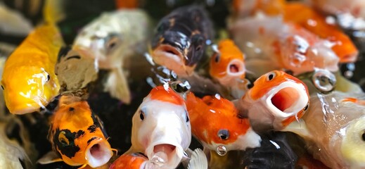 Close up of colorful Koi fishes or Japanese Koi carp swimming in the healthy lake. Koi open mouth...