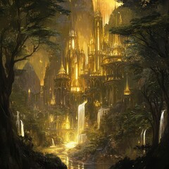 Naklejka premium Golden City in the Emerald Forest 