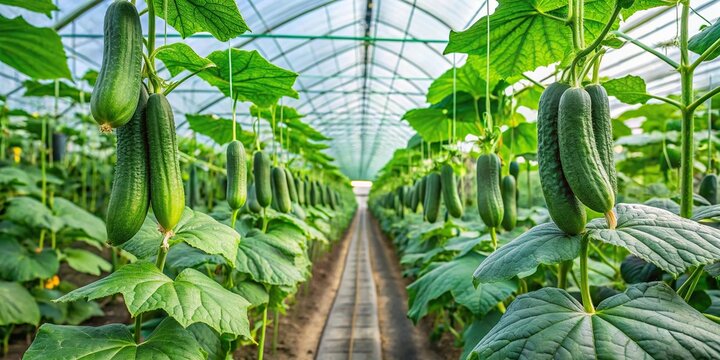 High angle view of cucumbers or gherkins growing in a greenhouse or cucumber farm field