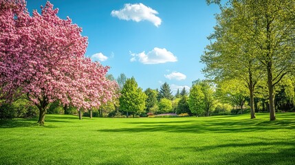 Fototapeta premium Spring day with a bright blue sky, neatly trimmed lawn, and vibrant green trees, a picture-perfect backdrop for nature's beauty in full bloom.