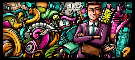 Obraz premium A vibrant illustration of a confident businessman amidst abstract designs and urban elements.