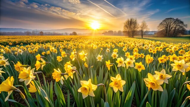 High angle view of daffodil field on spring morning in sunshine