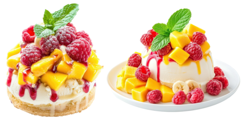 Delicious desserts topped with fresh raspberries, mango, banana slices, mint leaves, and drizzled with fruit sauces on Transparent Background